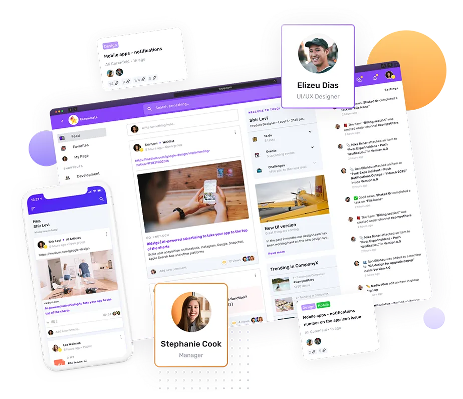 Collage of the Tuqqi workspace: the news feed on desktop and mobile, a task card, and team member profile cards